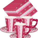 Paper Tea Cups and Saucer Sets - 24 sets of Disposable Tea Party Decorations for Valentine's Day, Pink Floral Cups for Mother's Day Brunch, Rose Disposable Teacups for Girls Parties