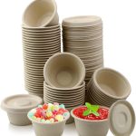 100 Sets 2oz Natural Bagasse Fiber Condiment Cups with Lids, Compostable Sauce Condiment Containers Disposable Paper Dishes Serving Sample Cups for Snack Tasting Charcuterie