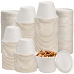 100 Pack Disposable Cups with Lids, 4.5Oz Bagasse Compostable Ice Cream Cup, Small Condiment Portion Sample Container for Sauce Salad Dressing or Souffle