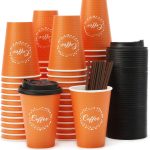 100 Pack 12oz Disposable Orange Paper Coffee Cups with Lids, Double Insulated, Leak Proof, Perfect for Hot/Cold Beverages