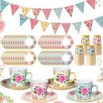 98 Pcs Tea Party Decorations 26 ft Floral Paper Bunting 6.5 oz Floral Paper Coffee Cups with Handle and Saucers Blossom Disposable Tea Sets with Tape for Wedding Birthday(Classic)