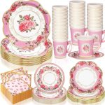 250 Pcs Tea Party Disposable Cups and Saucers Set Floral Tea Party Supplies 50 Guests Tea Cups with Handle 9” 7” Tea Paper Plates Saucers Napkins for Garden Birthday Wedding