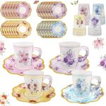 24 Sets Disposable Paper Tea Cups 7 OZ Floral Tea Party Cups with Handle and Plates Teacups and Saucer Sets for Mother's Day Baby Bridal Shower Birthday(Watercolor Style)