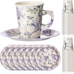 20 Set of 9oz Floral Tea Cups and Plates, Purple Violet Peony Teacups with Handles and Saucers for Hot & Cold Drinks, Good for Princess Birthday, Weddings, and Tea Party Decorations