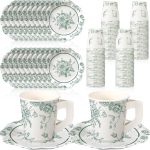 100 Pcs Floral Party Supplies Plates and Cups with Handle Disposable Tableware  Party Tea Wedding Baby Shower Birthday Decor Dinnerware Serves 50 Guests(Green)