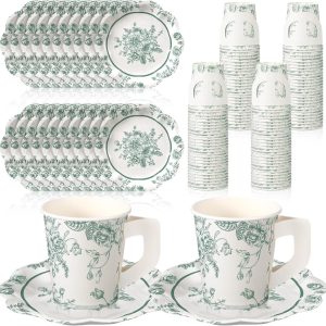 100 Pcs Floral Party Supplies Plates and Cups with Handle Disposable Tableware  Party Tea Wedding Baby Shower Birthday Decor Dinnerware Serves 50 Guests(Green)