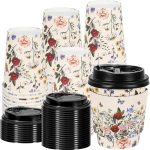 50 Sets Vintage Floral Coffee Cups with Lids and Sleeves 8oz Wildflower Paper Cups Flower Disposable To Go Coffee Cup for Cafes Shops Cappuccino Chocolate Beverage