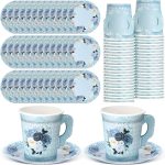200 Pcs Floral Paper Tea Cups and Saucers 7 oz Disposable Tea Party Decorations Vintage Cute Paper Tea Cups and Plates with Handles for Girls Wedding Baby Bridal Shower Birthday, Serve 100(Blue)