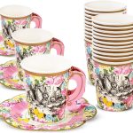 12 x Alice in Wonderland Disposable Paper Teacup Set with Handle & Saucers Mad Hatter Afternoon Tea Party Table Decorations for Mother's Day, Onederland Birthday, Baby Shower, Wedding