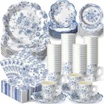 252 Pcs Blue Floral Tea Party Supplies for 36 Guests Blue and White Porcelain Paper Disposable Dinnerware Floral Teacups with Handle and Saucers Set for Tea Party Decorations Birthday Wedding
