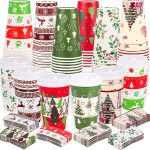 48 Pcs Merry Christmas Disposable Cups with Lids and Sleeves, To Go Coffee Cups 16 oz, 6 Designs Holiday Paper Cups for Hot Chocolate Coffee Cold Beverage Xmas Winter Holiday Party Supplies